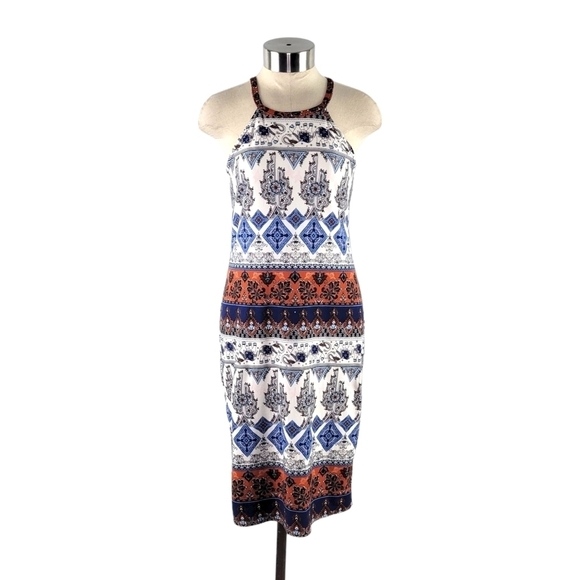 Hot Kiss Women's Halter Bodycon Microfiber Midi Dress Size L Elephant Geo Print - Picture 1 of 7